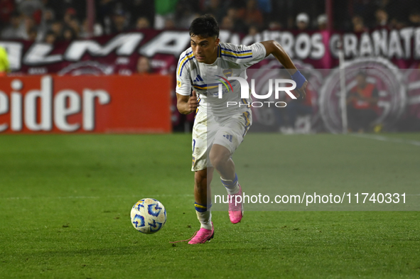 Exequiel Zeballos of Boca Jrs drives the ball during a Liga Profesional 2024 match between Lanus and Boca Jrs at Estadio Ciudad de Lanus in...