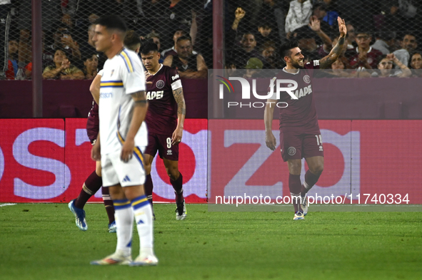 Eduardo Salvio of Lanus celebrates after scoring the team's first goal during a Liga Profesional 2024 match between Lanus and Boca Jrs at Es...