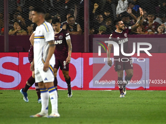 Eduardo Salvio of Lanus celebrates after scoring the team's first goal during a Liga Profesional 2024 match between Lanus and Boca Jrs at Es...