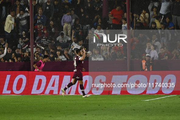 Eduardo Salvio of Lanus celebrates after scoring the team's first goal during a Liga Profesional 2024 match between Lanus and Boca Jrs at Es...