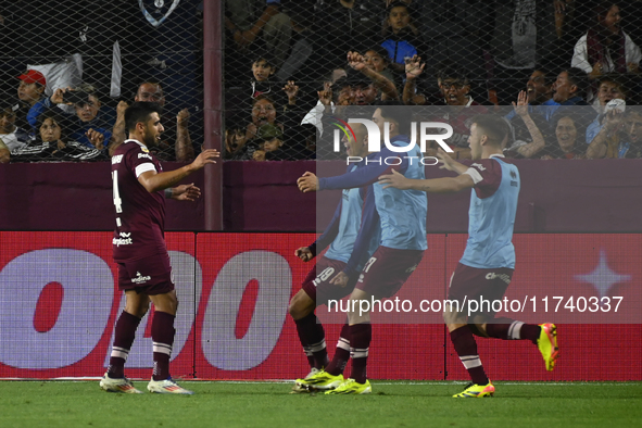 Eduardo Salvio of Lanus celebrates after scoring the team's first goal during a Liga Profesional 2024 match between Lanus and Boca Jrs at Es...