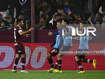 Eduardo Salvio of Lanus celebrates after scoring the team's first goal during a Liga Profesional 2024 match between Lanus and Boca Jrs at Es...