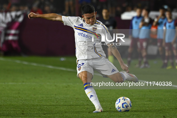 Lautaro Blanco of Boca Jrs kicks the ball during a Liga Profesional 2024 match between Lanus and Boca Jrs at Estadio Ciudad de Lanus in Lanu...