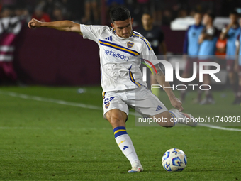 Lautaro Blanco of Boca Jrs kicks the ball during a Liga Profesional 2024 match between Lanus and Boca Jrs at Estadio Ciudad de Lanus in Lanu...