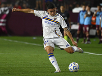 Lautaro Blanco of Boca Jrs kicks the ball during a Liga Profesional 2024 match between Lanus and Boca Jrs at Estadio Ciudad de Lanus in Lanu...