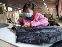 Workers make down jackets at a workshop of a garment manufacturer in Hehe town, Yangxin county, Binzhou city, East China's Shandong province...