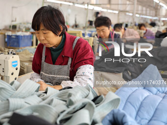 Workers make down jackets at a workshop of a garment manufacturer in Hehe town, Yangxin county, Binzhou city, East China's Shandong province...