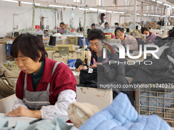 Workers make down jackets at a workshop of a garment manufacturer in Hehe town, Yangxin county, Binzhou city, East China's Shandong province...