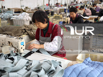 Workers make down jackets at a workshop of a garment manufacturer in Hehe town, Yangxin county, Binzhou city, East China's Shandong province...