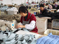 Workers make down jackets at a workshop of a garment manufacturer in Hehe town, Yangxin county, Binzhou city, East China's Shandong province...