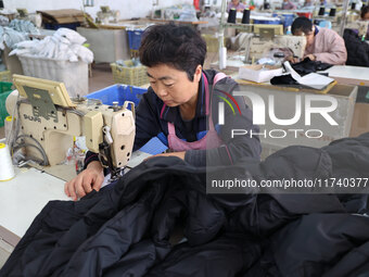 Workers make down jackets at a workshop of a garment manufacturer in Hehe town, Yangxin county, Binzhou city, East China's Shandong province...