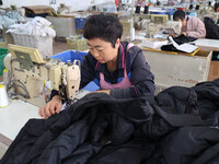 Workers make down jackets at a workshop of a garment manufacturer in Hehe town, Yangxin county, Binzhou city, East China's Shandong province...