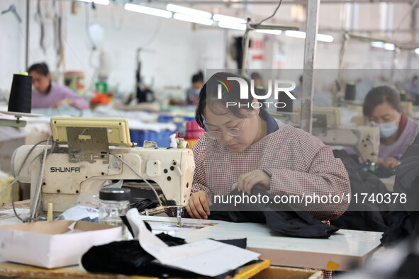 Workers make down jackets at a workshop of a garment manufacturer in Hehe town, Yangxin county, Binzhou city, East China's Shandong province...