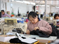 Workers make down jackets at a workshop of a garment manufacturer in Hehe town, Yangxin county, Binzhou city, East China's Shandong province...