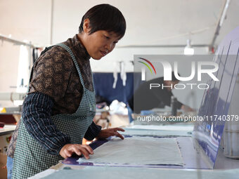 Workers make down jackets at a workshop of a garment manufacturer in Hehe town, Yangxin county, Binzhou city, East China's Shandong province...