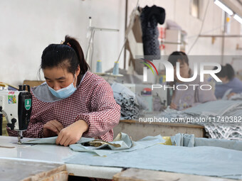 Workers make down jackets at a workshop of a garment manufacturer in Hehe town, Yangxin county, Binzhou city, East China's Shandong province...