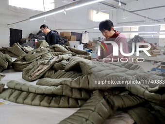 Workers make down jackets at a workshop of a garment manufacturer in Hehe town, Yangxin county, Binzhou city, East China's Shandong province...