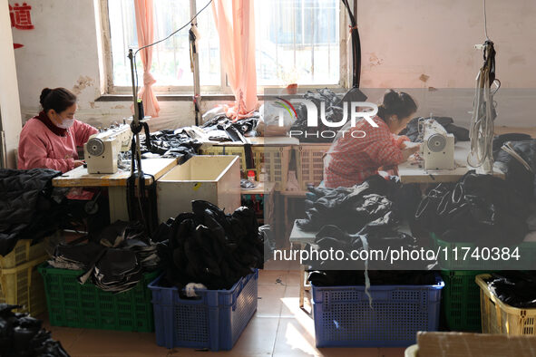 Workers make down jackets at a workshop of a garment manufacturer in Hehe town, Yangxin county, Binzhou city, East China's Shandong province...