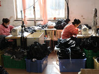 Workers make down jackets at a workshop of a garment manufacturer in Hehe town, Yangxin county, Binzhou city, East China's Shandong province...