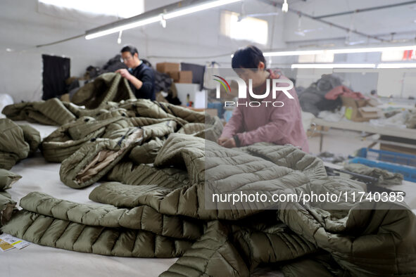 Workers make down jackets at a workshop of a garment manufacturer in Hehe town, Yangxin county, Binzhou city, East China's Shandong province...