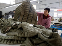 Workers make down jackets at a workshop of a garment manufacturer in Hehe town, Yangxin county, Binzhou city, East China's Shandong province...