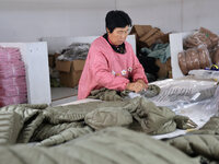 Workers make down jackets at a workshop of a garment manufacturer in Hehe town, Yangxin county, Binzhou city, East China's Shandong province...