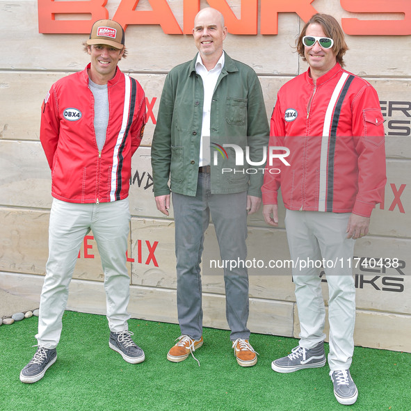 Jonas Pate, Shannon Burke and Josh Pate arrive at Netflix's Poguelandia 2024 Event Celebrating 'Outer Banks' Season 4 Part 2 held at Barker...