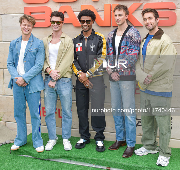 Rudy Pankow, Chase Stokes, Jonathan Daviss, Drew Starkey and Austin North arrive at Netflix's Poguelandia 2024 Event Celebrating 'Outer Bank...