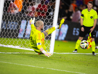 Seattle Sounders goalkeeper Stefan Frei makes the match-winning save during a penalty shoot-out, blocking a shot from Houston Dynamo defende...