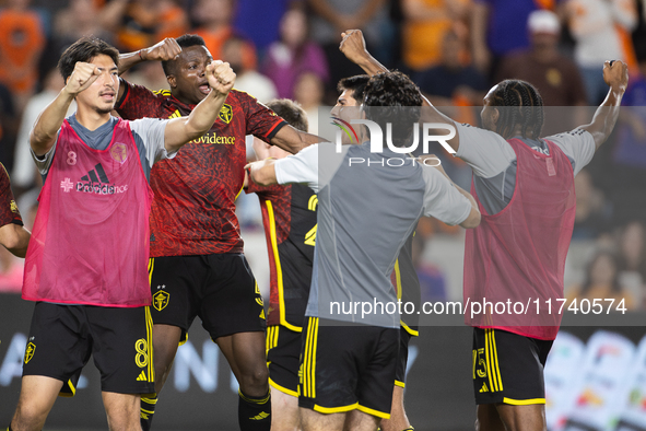 Seattle Sounders celebrate after winning a playoff match against Houston Dynamo at Shell Energy Stadium in Houston, Texas, on November 3, 20...