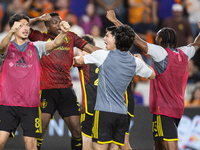 Seattle Sounders celebrate after winning a playoff match against Houston Dynamo at Shell Energy Stadium in Houston, Texas, on November 3, 20...