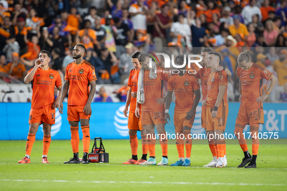 Houston Dynamo players line up during a penalty shoot-out in a playoff match against Seattle Sounders in Houston, Texas, on November 3, 2024...