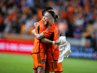 Houston Dynamo players celebrate after a goal during a playoff match in Houston, Texas, on November 3, 2024, at Shell Energy Stadium. (