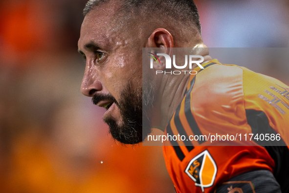 Hector Herrera participates in a playoff match between Houston Dynamo and Seattle Sounders at Shell Energy Stadium in Houston, Texas, on Nov...