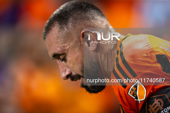 Hector Herrera participates in a playoff match between Houston Dynamo and Seattle Sounders at Shell Energy Stadium in Houston, Texas, on Nov...