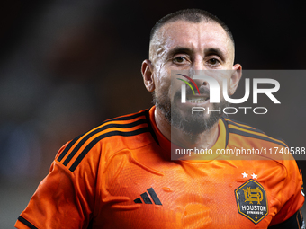 Hector Herrera participates in a playoff match between Houston Dynamo and Seattle Sounders at Shell Energy Stadium in Houston, Texas, on Nov...