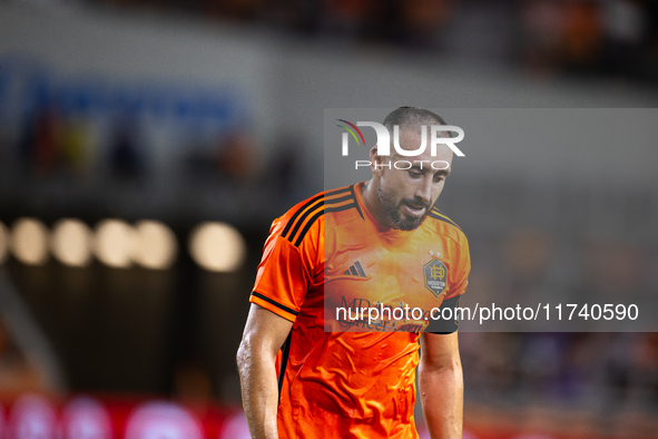 Hector Herrera participates in a playoff match between Houston Dynamo and Seattle Sounders at Shell Energy Stadium in Houston, Texas, on Nov...