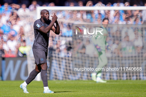 Romelu Lukaku of SSC Napoli reacts during the serie Serie A Enilive match between SSC Napoli and Atalanta BC at Stadio Diego Armando Maradon...