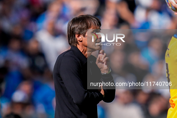 Antonio Conte Head Coach of SSC Napoli gestures during the serie Serie A Enilive match between SSC Napoli and Atalanta BC at Stadio Diego Ar...