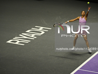 RIYADH, SAUDI ARABIA - NOVEMBER 04: Qinwen Zheng of China during her match against Elena Rybakina of Kazakhstan  on day 3 of the 2024 WTA Fi...