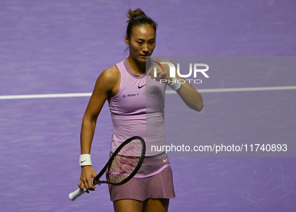 RIYADH, SAUDI ARABIA - NOVEMBER 04: Qinwen Zheng of China during her match against Elena Rybakina of Kazakhstan  on day 3 of the 2024 WTA Fi...