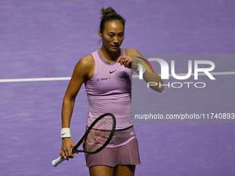 RIYADH, SAUDI ARABIA - NOVEMBER 04: Qinwen Zheng of China during her match against Elena Rybakina of Kazakhstan  on day 3 of the 2024 WTA Fi...