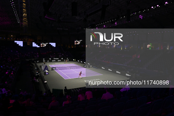 RIYADH, SAUDI ARABIA - NOVEMBER 04: Elena Rybakina of Kazakhstan during her match against Qinwen Zheng of China on day 3 of the 2024 WTA Fin...