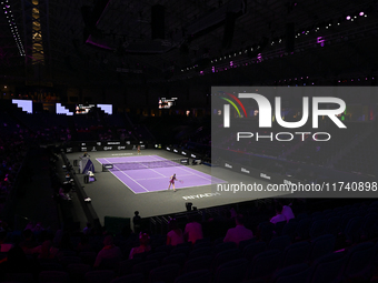 RIYADH, SAUDI ARABIA - NOVEMBER 04: Elena Rybakina of Kazakhstan during her match against Qinwen Zheng of China on day 3 of the 2024 WTA Fin...