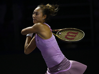 RIYADH, SAUDI ARABIA - NOVEMBER 04: Qinwen Zheng of China during her match against Elena Rybakina of Kazakhstan  on day 3 of the 2024 WTA Fi...