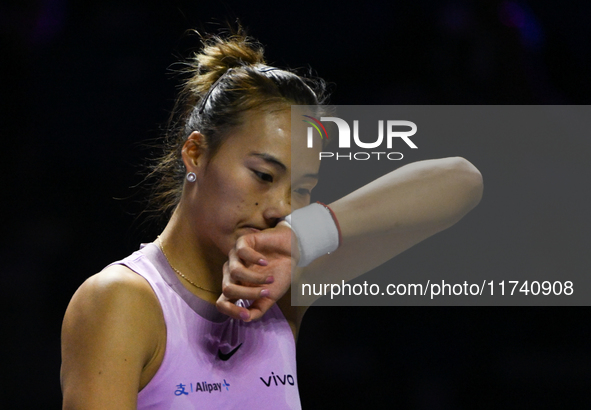 RIYADH, SAUDI ARABIA - NOVEMBER 04: Qinwen Zheng of China during her match against Elena Rybakina of Kazakhstan  on day 3 of the 2024 WTA Fi...