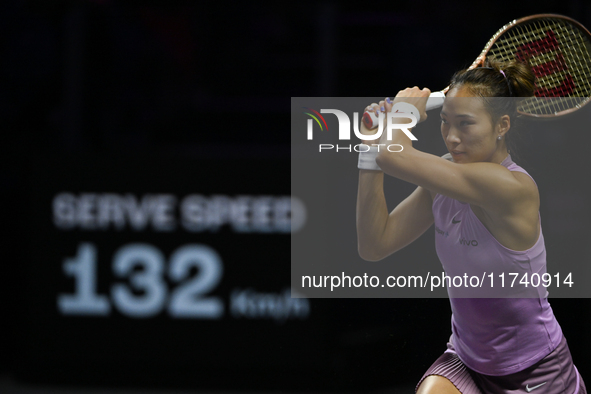 RIYADH, SAUDI ARABIA - NOVEMBER 04: Qinwen Zheng of China during her match against Elena Rybakina of Kazakhstan  on day 3 of the 2024 WTA Fi...