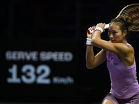 RIYADH, SAUDI ARABIA - NOVEMBER 04: Qinwen Zheng of China during her match against Elena Rybakina of Kazakhstan  on day 3 of the 2024 WTA Fi...