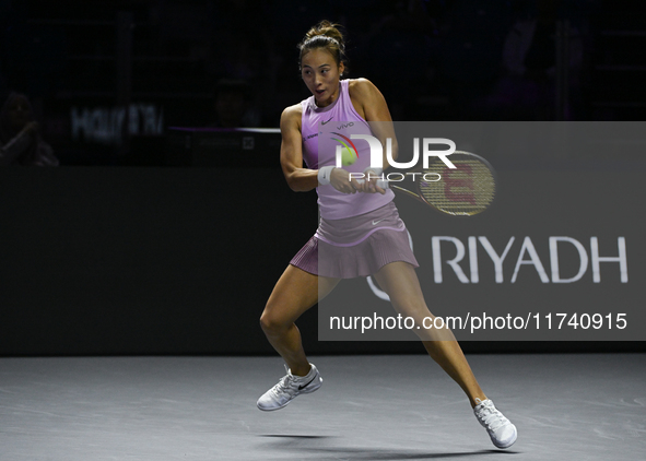 RIYADH, SAUDI ARABIA - NOVEMBER 04: Qinwen Zheng of China during her match against Elena Rybakina of Kazakhstan  on day 3 of the 2024 WTA Fi...