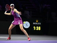 RIYADH, SAUDI ARABIA - NOVEMBER 04: Elena Rybakina of Kazakhstan during her match against Qinwen Zheng of China on day 3 of the 2024 WTA Fin...